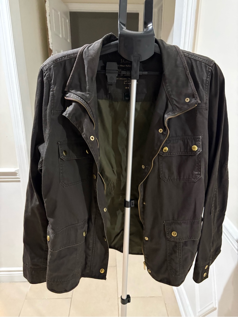 J Crew Downtown Field Jacket women’s size XL Waxed Cotton Dark Green Gold